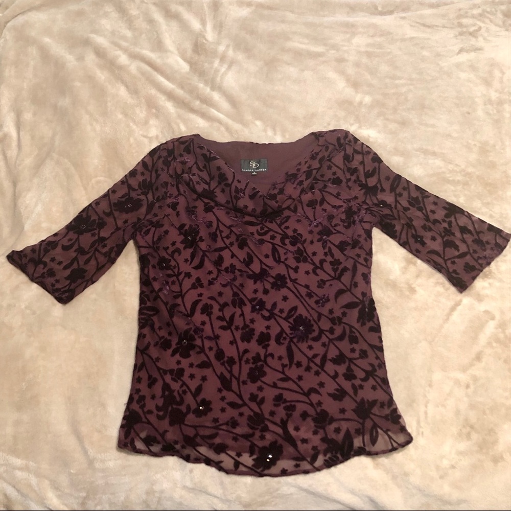 Sandra Darren Floral Velvet Cowl Neck Burgundy Top
